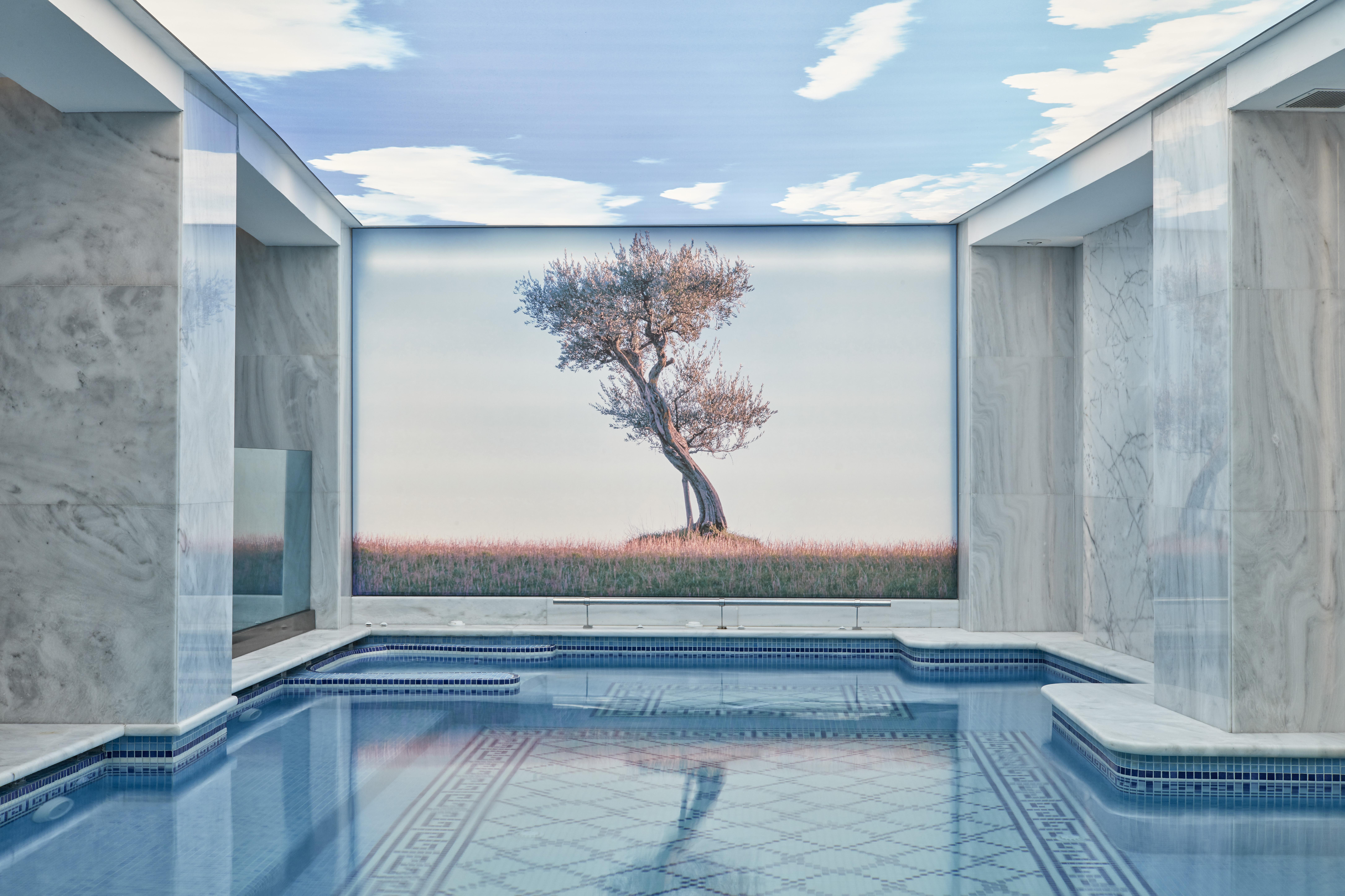 فندق إلكترا متروبوليس أثينا المظهر الخارجي الصورة The image depicts an elegant indoor space featuring a swimming pool. The pool area is surrounded by marble walls, giving it a sophisticated look. At the far end, there is a large mural of a solitary tree against a backdrop of soft blue skies, enhanci
